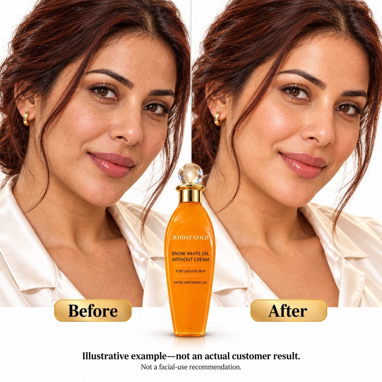 Jehdat Gold Snow White Oil before and after — illustrative example