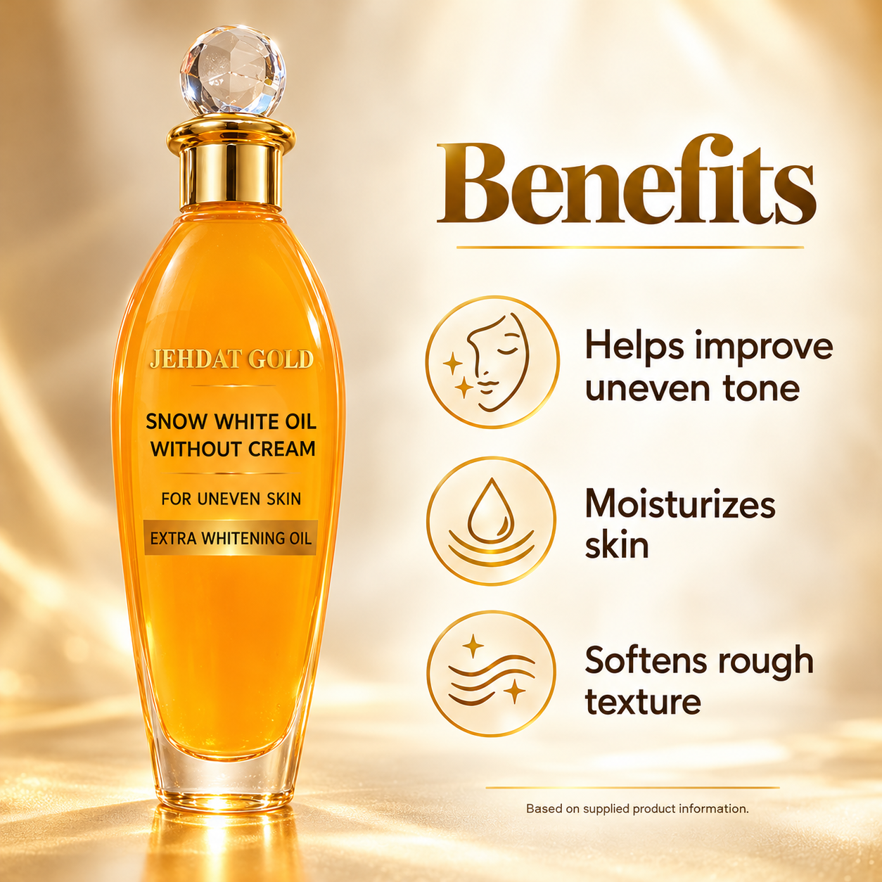 Jehdat Gold Snow White Oil benefits — uneven tone, moisturizes, softens rough texture