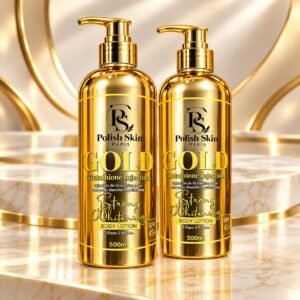 Polish Skin Paris Gold Glutathione Strong Whitening Body Lotion 500ml bottles on a marble podium