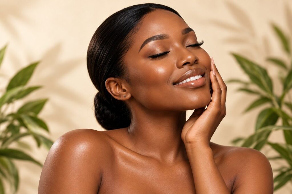 Portrait of a woman with glowing skin gently touching her cheek