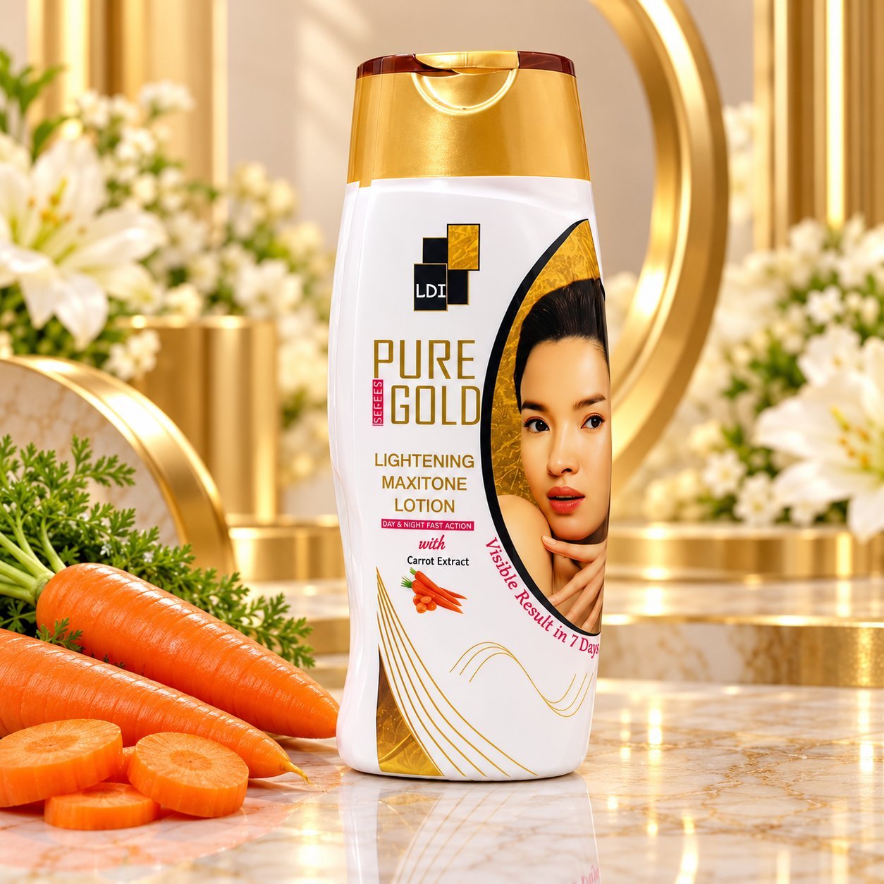 LDI Pure Gold Lightening Maxitone Lotion styled with fresh carrots