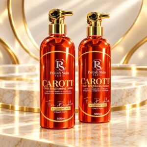 Polish Skin Paris Carott Skin Brightening Lotion 500ml bottles on a marble podium