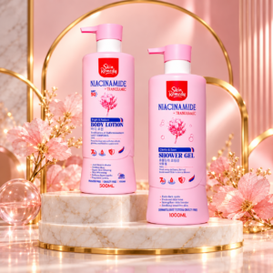 Skin Remedy Niacinamide + Tranexamic Body Lotion 500ml and Shower Gel duo on a marble podium